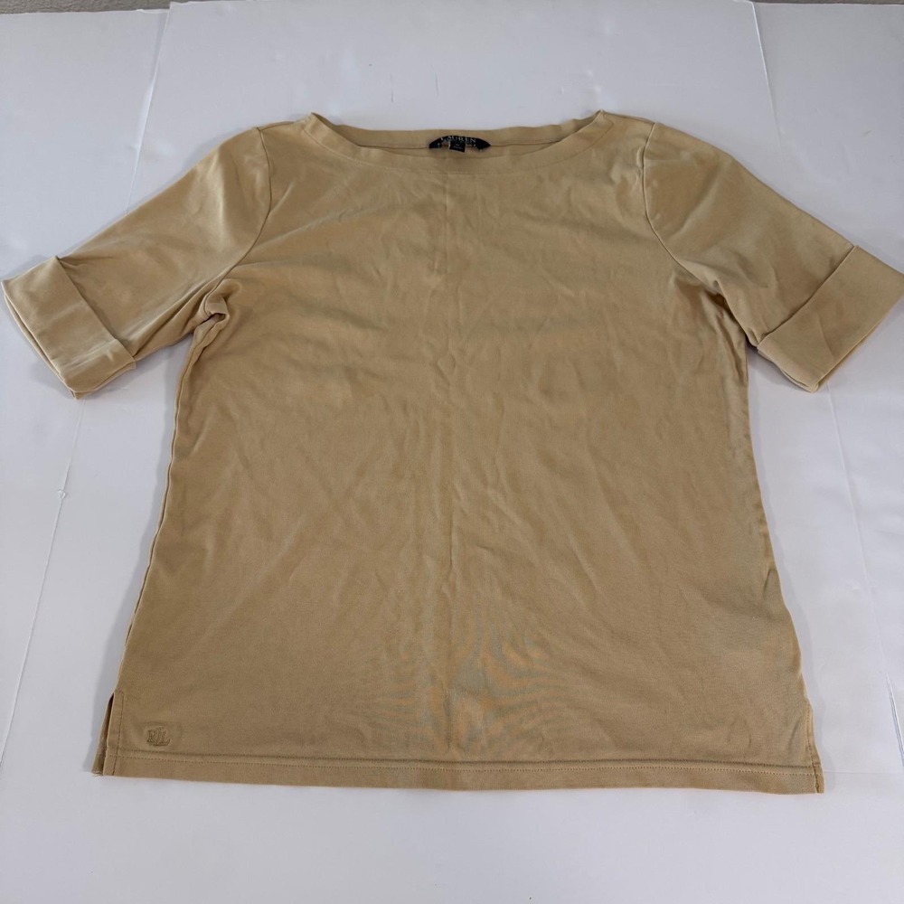 Lauren Ralph Lauren Tan Beige Boat Neck Cuffed Sleeve Top XL Cotton Blend